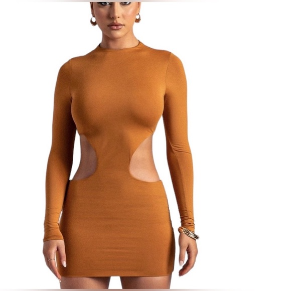 NEW Meshki Brielle Cut Out Long Sleeve Mini Dress Orange Yello Size Small NWT - Picture 2 of 6